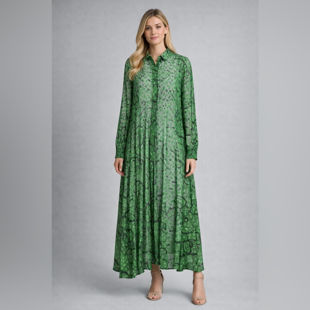 Silvia Heach Green Sheer Maxi Dress | Floral Print Long Sleeve Dress Size Large